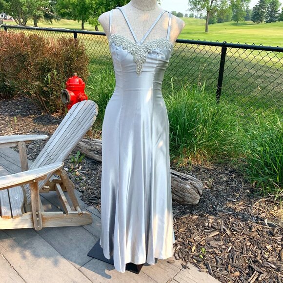Vintage Metallic Silver Satin Beaded Maxi Dress Evening Prom Gown Union Made - Picture 1 of 16